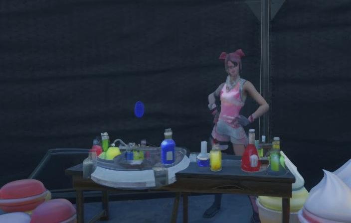 A Fortnite character stands behind a table covered in chemical equipment.