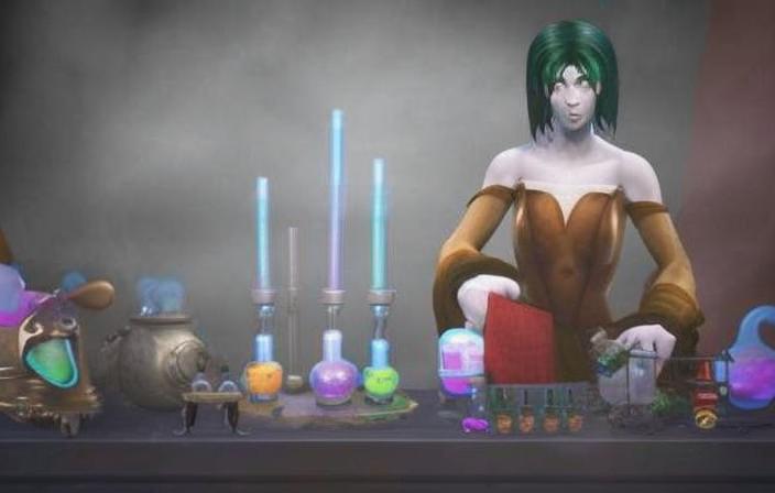 An undead character stands behind a table full of magical potion mixing equipment.