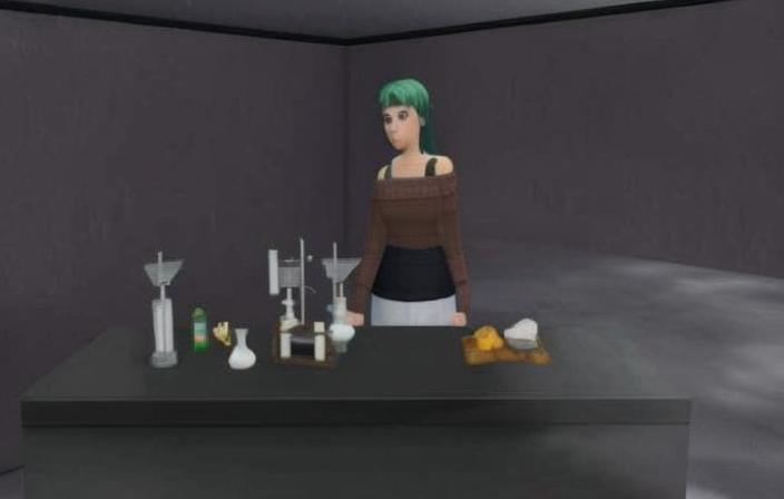 A Sims character stands behind a table covered in equipment.