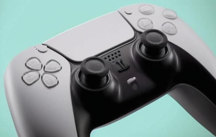 A DualSense controller on a teal background