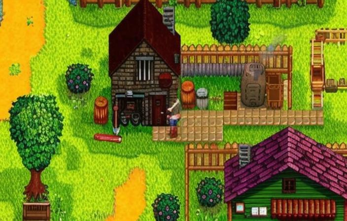 A Stardew Valley farmer standings in front of a small brick home, holding a bone over their head.